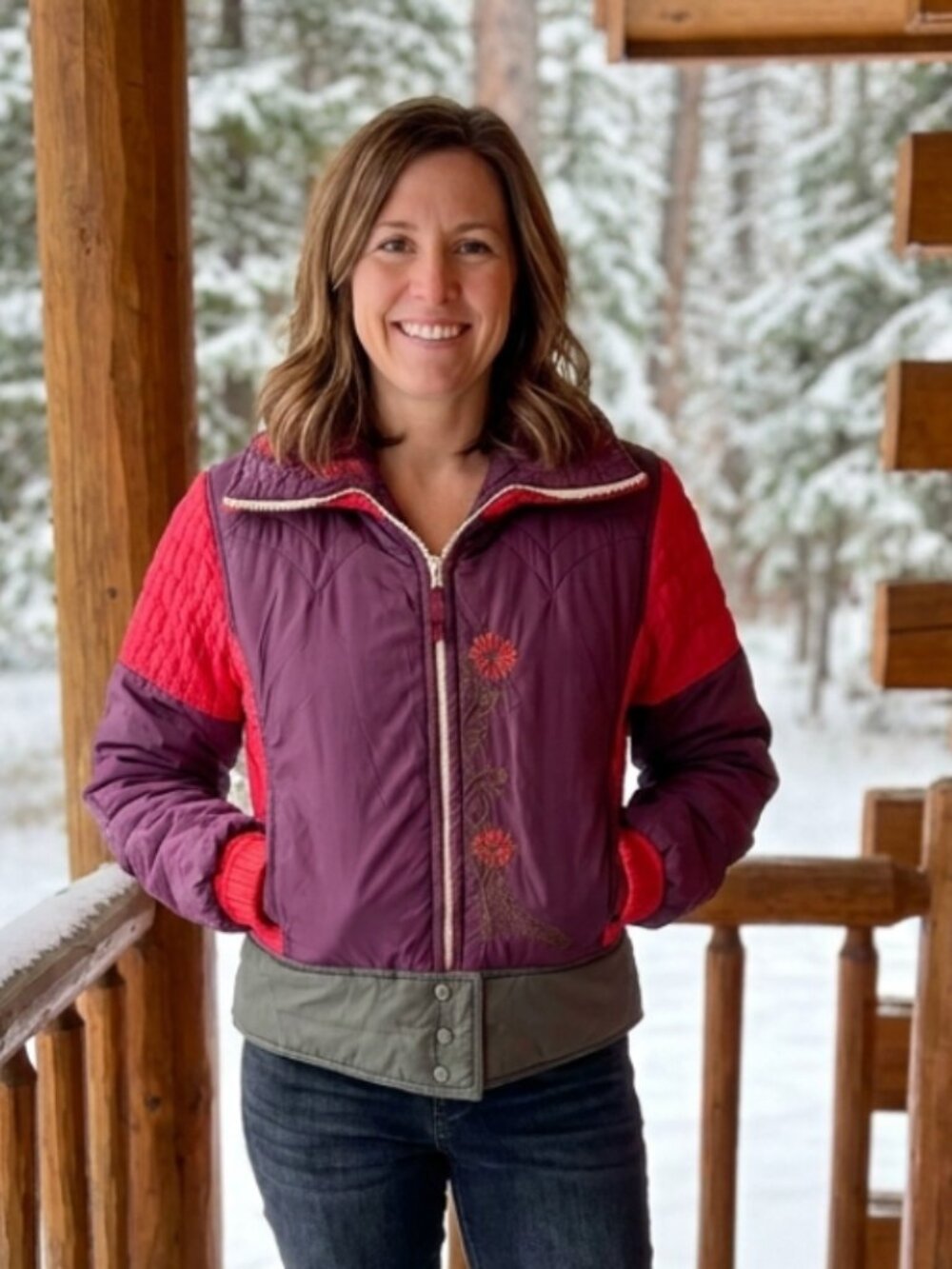 Quilted Puffer Jacket Purple & Red Colorblock — Floral Embroidery, S